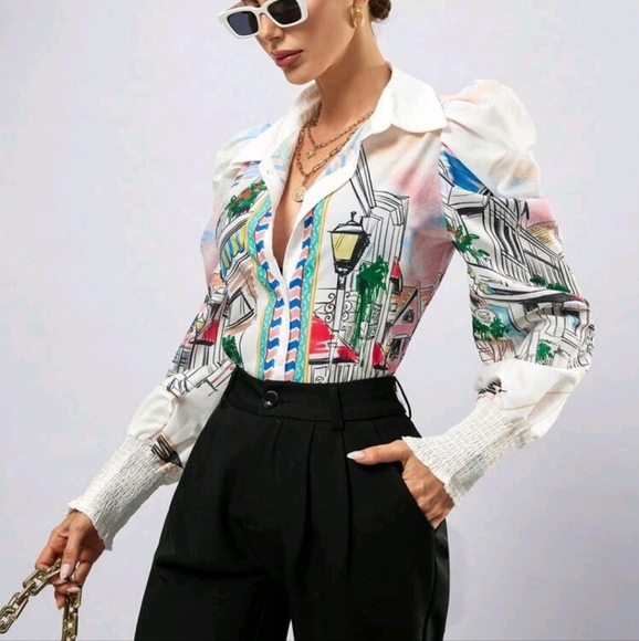 Painting Print Button Down Long Sleeve Shirt Button Up Shirt Women Long Sleeve - Picture 4 of 5